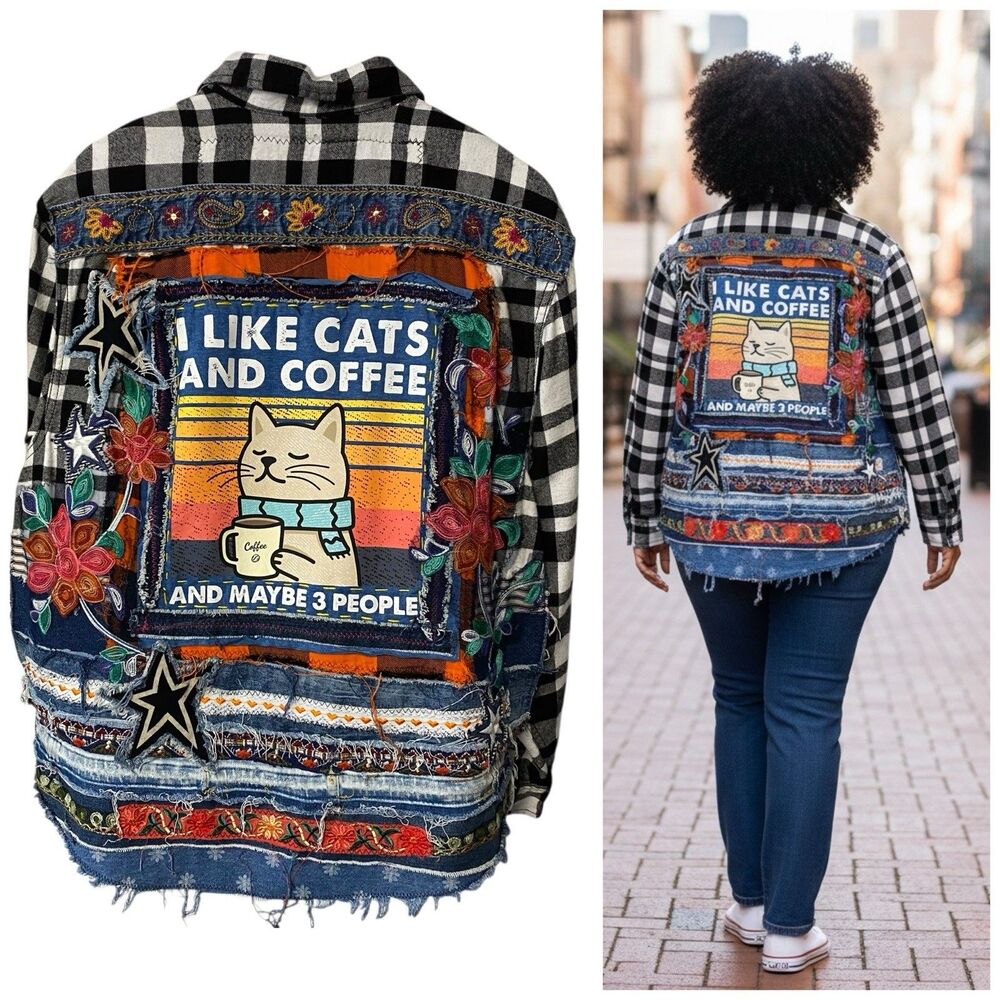 Upcycled Flannel Jacket Shacket Womens 1XL Cat Lady Embroidered Festival OOAK